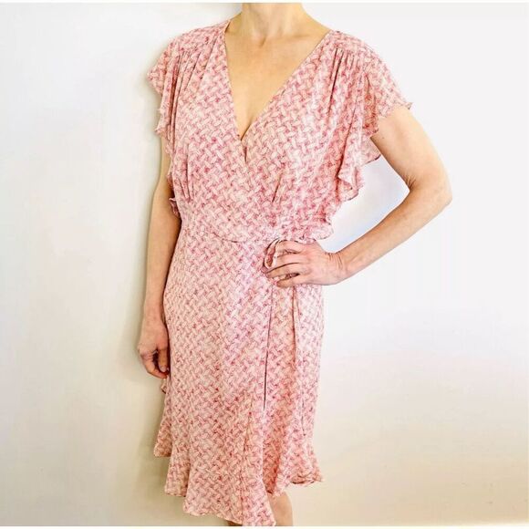 NWOT Feather & Bone by Anthropologie Flutter Sleeve Pink & Cream Wrap Dress S - Picture 2 of 10